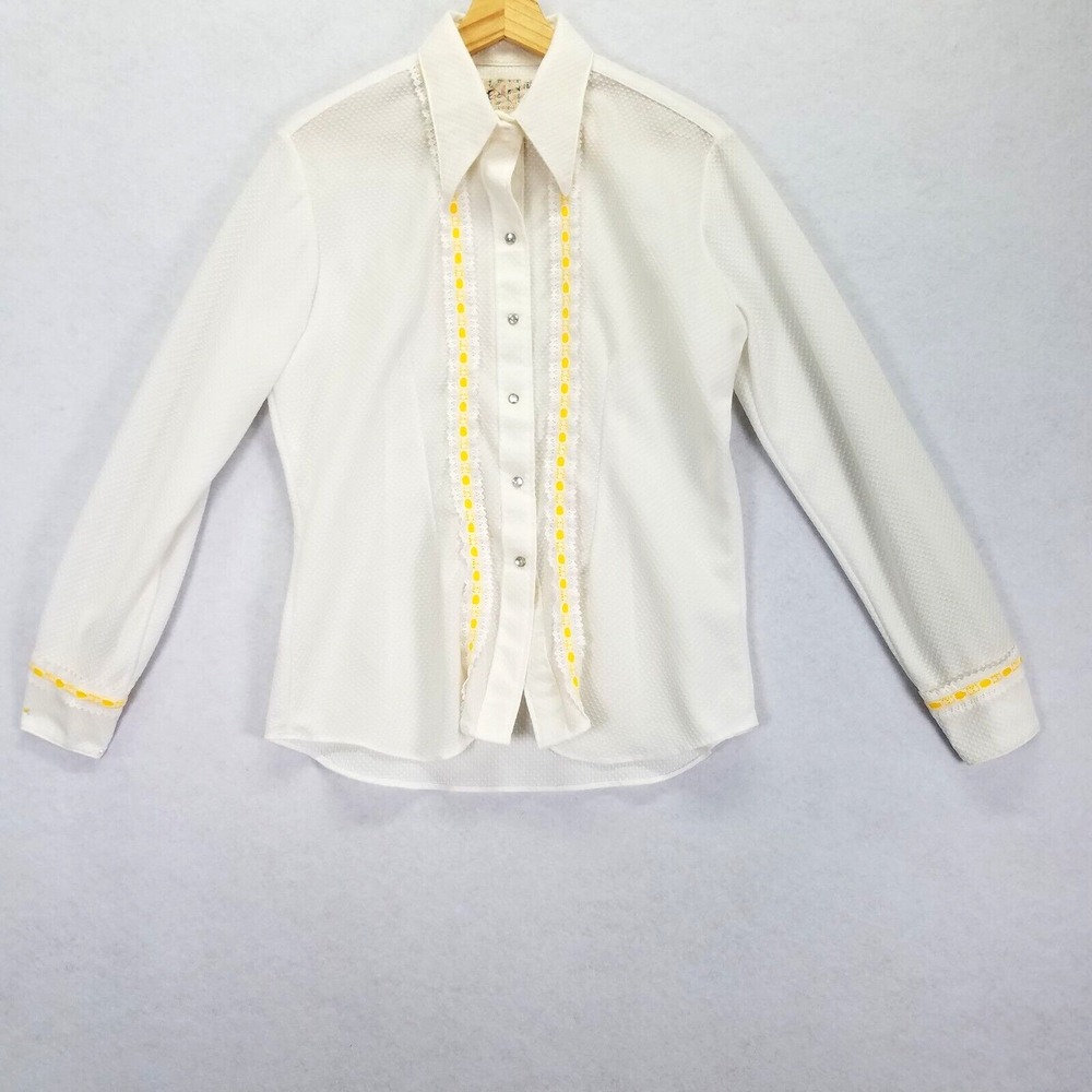 Vtg 70s Rockmount Ranch Wear Pearl Snap Button Shirt Women 38 White Pearl Weave